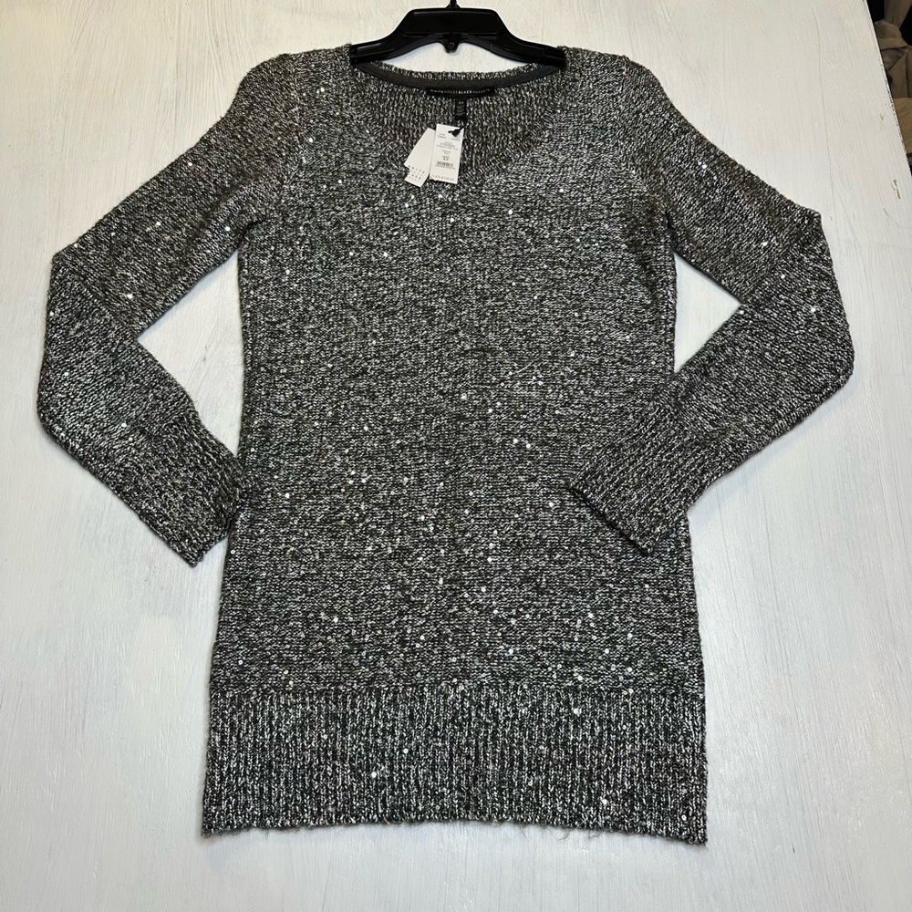 White House Black Market XS Grey Sequin V-Neck Long Sleeve Tunic Sweater NWT - Picture 2 of 10